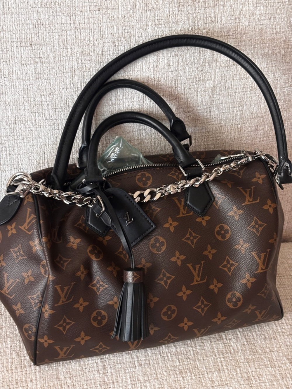 Brown Monogram Canvas Satchel with Black Trim and Silver Chain